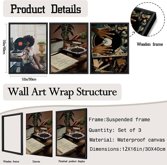 Black Girl Wall Art Decor Modern Black Woman Painting Prints, Set of 3 African American Music Record Player Poster Canvas Artwork for Bedroom Living Room 12x16 inch PS Framed