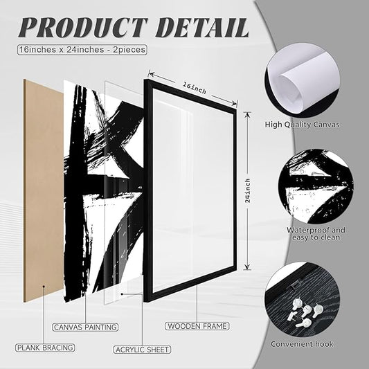 Black and White Wall Art Abstract Modern Painting Minimalist Line Canvas Wall Art Decor Black And White Poster Abstract Artwork Prints for Living Room Bedroom 16x24 Inch Wood Framed Set of 2