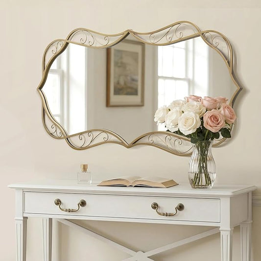 Besdomus Gold Bathroom Wall Mirror: 24"x48" Scalloped Modern Brass Gold Vanity Mirror for Wall - Farmhouse Decorative Vertical or Horizontal Hanging - Wall Decor for Living Room/Bedroom/Bathroom