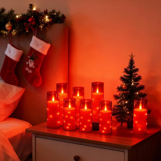 kakoya Flameless LED Candles with Timer 24 Pc Flickering Flameless Candles for Romantic Ambiance and Home Decoration Stable Acrylic Shell,with Embedded Star String,Battery Operated Candles(Red)