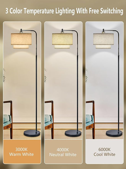 64" Modern Floor Lamp for Living Room Bedroom, Floor Lamp with 3 Color Temperatures, Standing Lamp with Double Oatmeal Linen Lampshade, Tall Lamp with A19 12W LED Bulb, Foot Switch Control, Black