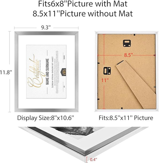 8.5x11 Picture Frame Set of 6, Certificate Document Frame, Diploma Frame, Display Pictures 6x8 with Mat or 8.5x11 Without Mat,Silver