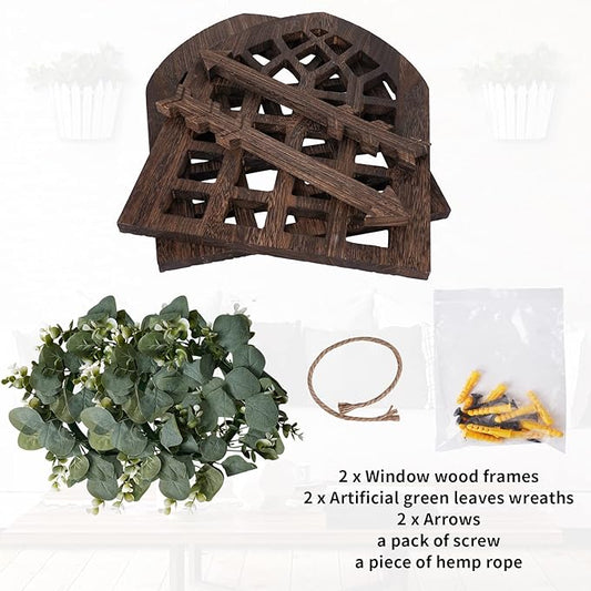 Rustic Wood Window Frame with Green Wreath and Arrows Wall Decor,Farmhouse Hanging Decor, Wooden Fake Decoration,Window Pane Wall Decor,Set of 2 (windows brown)