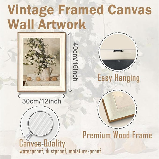 ASTRDECOR Framed Vintage Wall Art, Farmhouse Wall Decor White Flowers Canvas Oil Painting, Vintage Kitchen Decor Floral Wall Art Lemon Botanical North Art Prints for Kitchen Bedroom - 12''x 16''