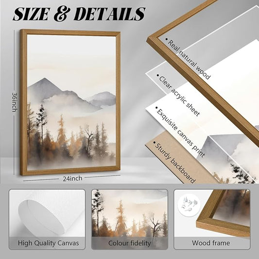 Neutral Mountain Wall Art Decor Set of 3 Forest Canvas Wall Art Poster Landscape Wall Art Artwork Modern Pictures Abstract Painting Watercolor Prints for Living Room Bedroom 24x36 Inch Framed