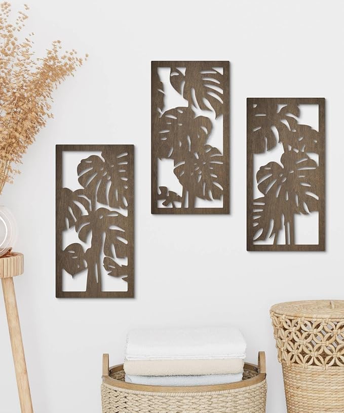 Putuo Decor 3-Piece Tropical Leaf Wood Wall Art Set, Palm Leaf Wall Hanging Decor for Bedroom Living Room Bathroom Balcony Decor