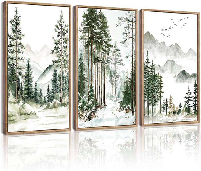 Drsoum Green Tree Forest Framed Wall Art Watercolor Nature Mountain Landscape Prints Morden Wilderness Artwork Bedroom Ready to Hang 16x24in Natural Framed