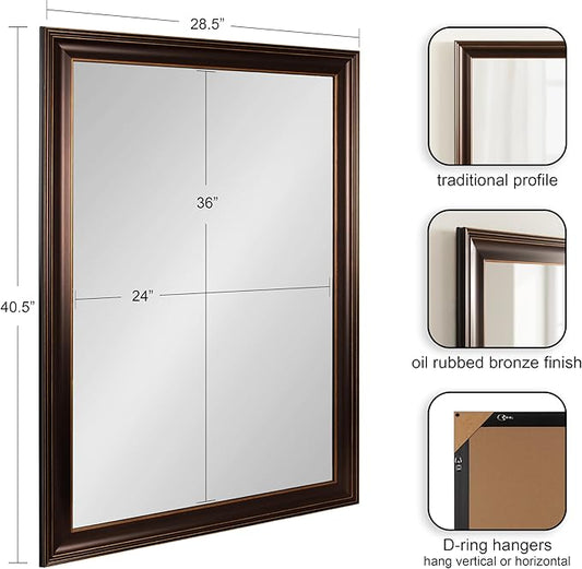 Kate and Laurel Galiano Traditional Framed Rectangle Bathroom Vanity Mirror, 29 x 41, Bronze, Classic Large Rectangular Bathroom Mirror for Over Sink or for Use as Entryway or Living Room Decor