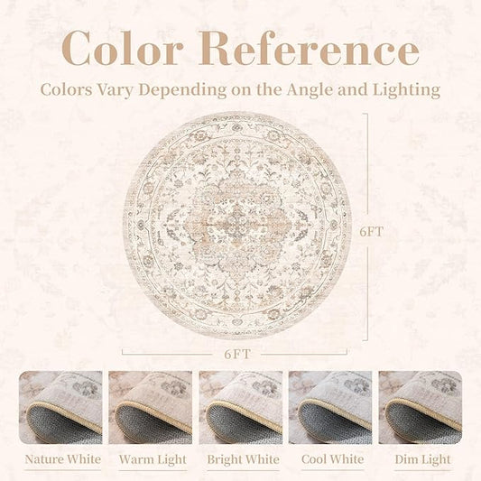 PADOOR 6FT Round Rug,Rugs for Living Room,Soft Beige Circle Rug,Machine Washable Rugs for Bedroom,Non Slip Carpet,Rug for Dining Room Living Room Bedside Office