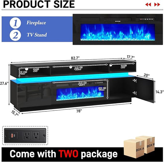 chartustriable Fireplace TV Stand for 95" TV, 83" LED Entertainment Center with 40" Fireplace & Power Outlets, High Gloss TV Stand, Gaming TV Media Console for Living Room, 83 Inch, Black