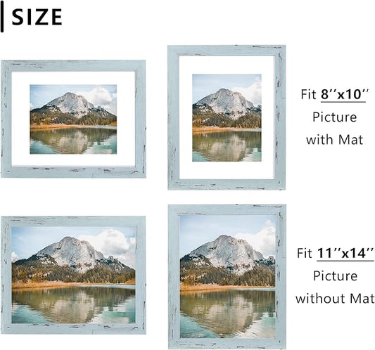 Blue 11x14 Picture Frame set of 2, Display 11x14 without Mat or 8x10 with Mat,Wall Gallery Photo Frames