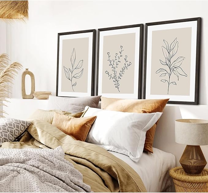 Botanical Wall Art Decor Neutral Wall Decor Boho Beige Canvas Wall Art Botanical Minimalist Pictures Neutral Prints Beige Posters Boho Artwork for Room Bedroom 12x16x3 Inch Wood Framed
