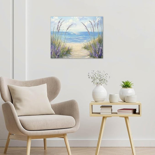 LB Coastal Lavender Beach Wall Art Vintage Lavender Flower Butterfly with Inspirational Canvas Wall Art Rustic Wood Wall Decor for Bedroom Bathroom Living Room Framed Artwork Ready to Hang 16L x 20W