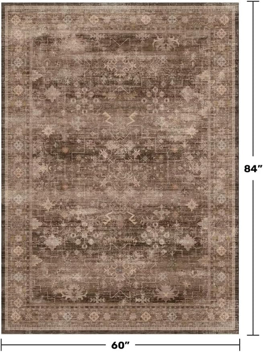 Hazo Haus Boho Taupe Brown 5x7 Living Room Rug - Modern Vintage Traditional Oriental Neutral, Washable Low Pile Non-Slip Large Area Rugs for Nursery Dining Under Table