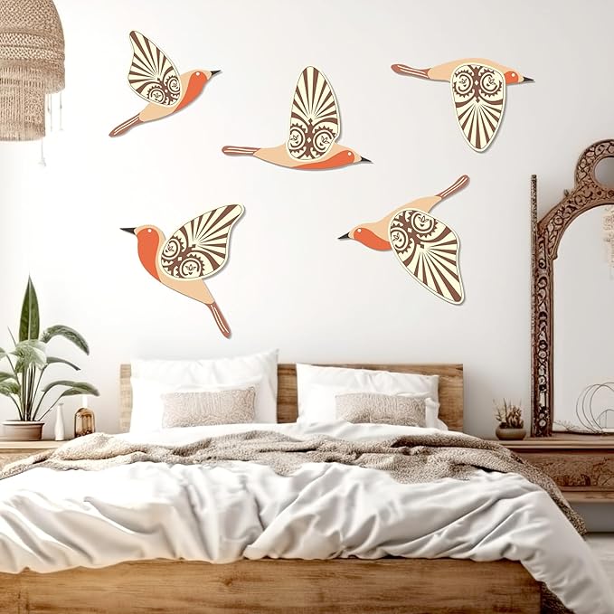 KOYILTD 5 Piece Bird Wood Wall Sculptures Wooden Wall Art Decor Scandinavian Home Decorations Flying Bird Wall Decor Farmhouse Wall Art for Home Living Room Bathroom Dining Room (Orange)