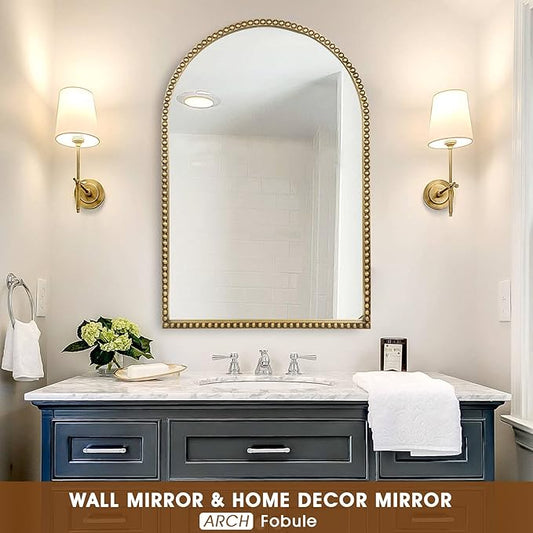 Arched Wall Mirror for Bathroom, 20"x30" Metal Beaded Frame Decorative Accent Mirror, Large Modern Distressed Hanging Wall Decor for Washroom, Bedroom, Living Room, Entryway, Antique Gold