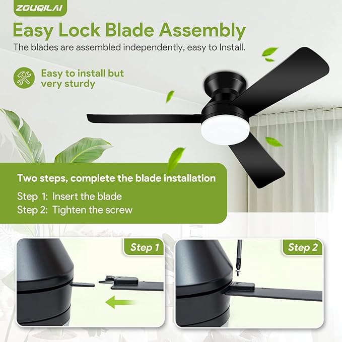 2 Pack 42" Black Ceiling Fans with Lights and Remote, Low Profile Ceiling Fan with Light, Reversible DC Motors, 3CCT Dimmable Timer Noiseless, Flush Mount Ceiling Fan for Bedroom/Living Room