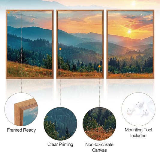 Aurlan Boho Mountain Sunset Landscape Framed Wall Art(24"x36"), 3PCS Green Blue Ridge Grand Teton National Park Canvas Artwork, Abstract Modern Watercolor Nature Forest Scenery Decor for Home Office Bedroom