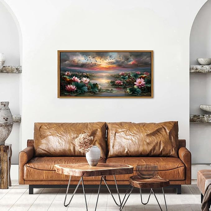 Lotus Flower Framed Wall Art for Living Room Emerald Green Plant Leaves Pink Flower Picture Zen Poster Vintage Poud Landscape Abstract Nature Scenery Artwork Bedroom Bathroom Home Decorations 20x40