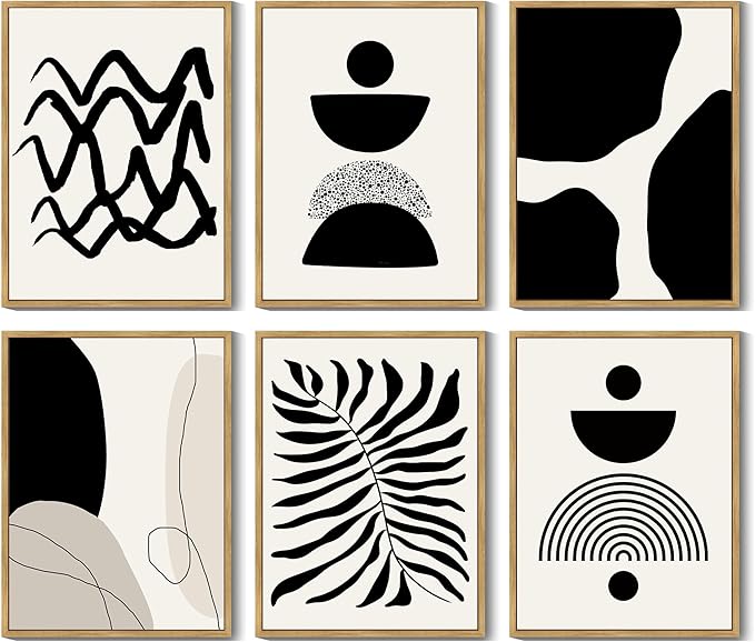 Drsoum Abstract Boho Wall Art Minimalist Geometric Framed Boho Room Decor Black Line Art Mid Century Modern Prints Bohemian Living Room Bedroom Ready to Hang 11x14inx6pcs (Natural Framed)