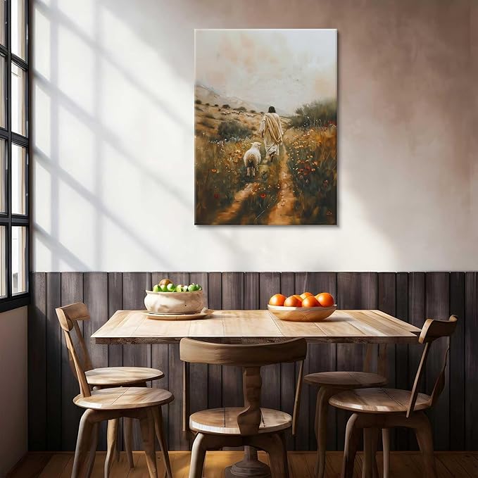 Jesus Leaves the 99 Sheep Canvas Wall Art Jesus and Lamb Painting Wall Decor Picture The Lost Sheep Posters Prints Christian Baptism gifts for Living Room Bedroom Prayer Home Decor 8x10 in canvas