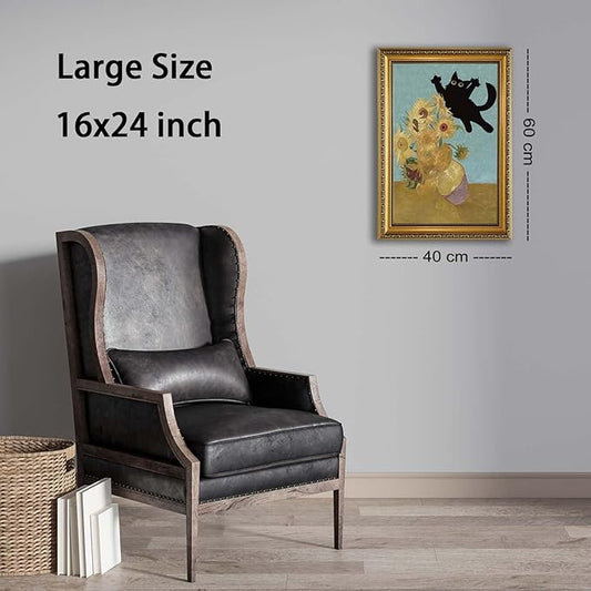 YD&YZY Gold Framed Funny Cat Wall Art Canvas Vintage Black Cat Wall Decor Van Gogh Sunflower Cute Animal Room Aesthetic Print Painting Picture Poster For Home Bedroom Dorm 16x24 inch Framed