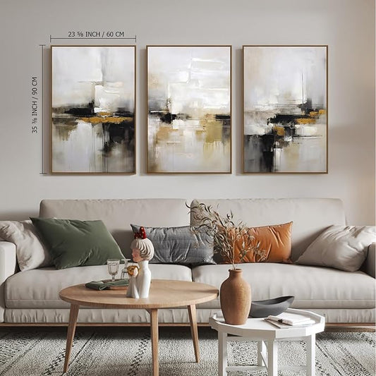 Neutral Abstract Wall Decor Mid Century Modern Framed Wall Art, Black and Brown Grunge Wabi Sabi Art Print Canvas Set for Home Office Living Room Bedroom, 3 Panels, 24x36 Inch, Ready to Hang