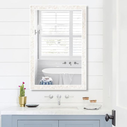 Tanmicoshomy White Shell Framed Rectangular Wall Mirrors for Bathroom, 24x36 Inch Mosaic Mirror for Bedroom Living Room or Entryway, Wall Mounted Horizontal or Vertical Hanging