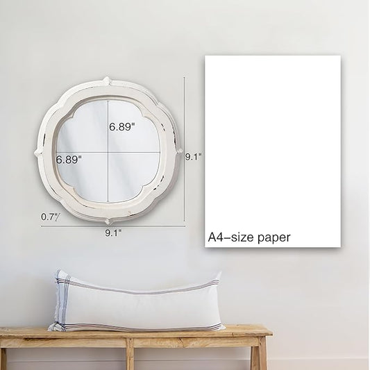 Rustic Wooden Round Bathroom Mirror 9.1 inch, Hanging Distressed White Vintage Small Wall Mirror Decor, Farmhouse Decorative Porthole Mirrors for Hallway Bedroom Entryway Vanity