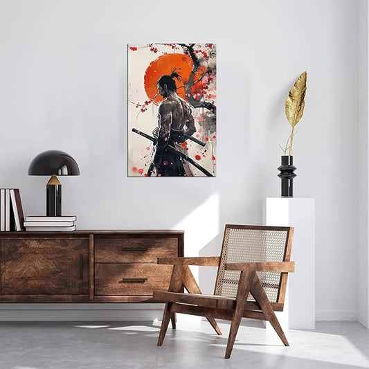Japan Warrior Wall Art Armored Samurai Painting Canvas Prints Asian Cherry Blossom Picture Modern Watercolor Painting for Bedroom Living Room Office Home Decoration Framed (28''W x 44''H)
