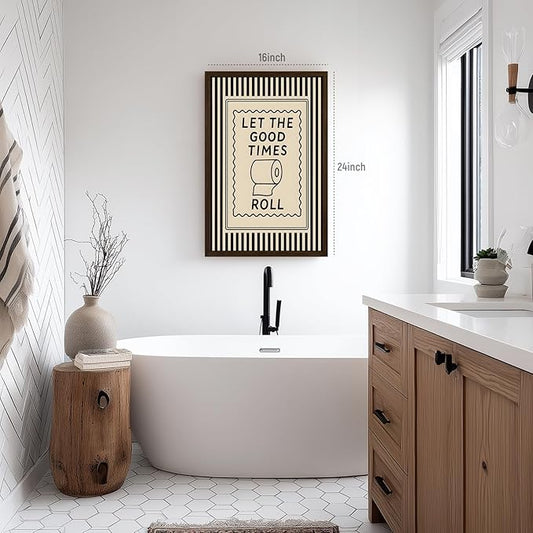 Cyebmo Funny Bathroom Wall Art, Let The Good Times Roll Toilet Paper Wall Decor, Black Beige Farmhouse Bathroom Poster Print, Modern Minimalist Artwork for Restroom Washroom Wood Framed 12x16 Inch