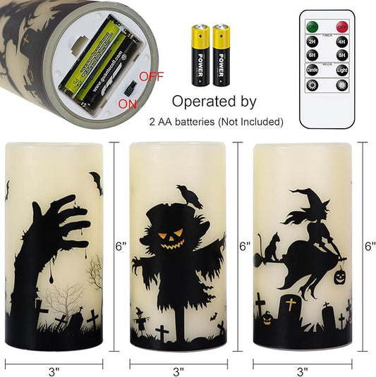 Halloween LED Flameless Pillar Candles Battery Operated Remote and Timer Real Wax Yellow Light Flickering Scarecrow Witch Ghost Hand Decals Halloween Candles Decoration Gifts(3 x 6 Inches)