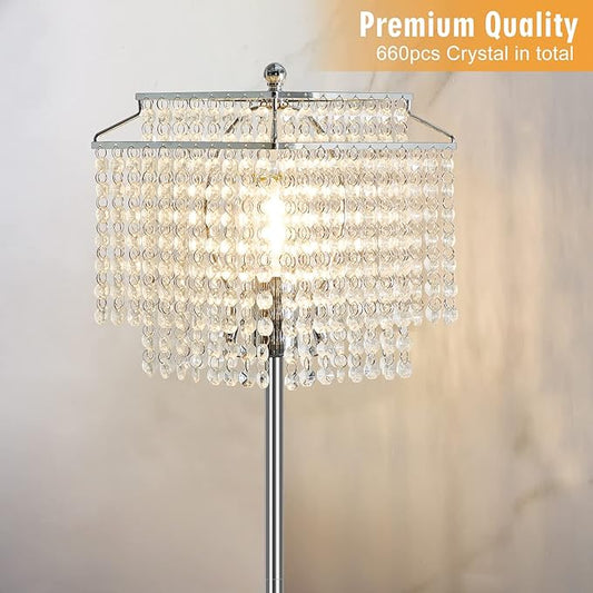 Luvkczc Crystal Floor Lamp, 64" Tall Modern Standing Lamps with Double-Layer Lampshade, On-Off Foot Switch, Silver Finish Pole Lamp for Living Room, Bedroom, Office, 8W Bulb Included