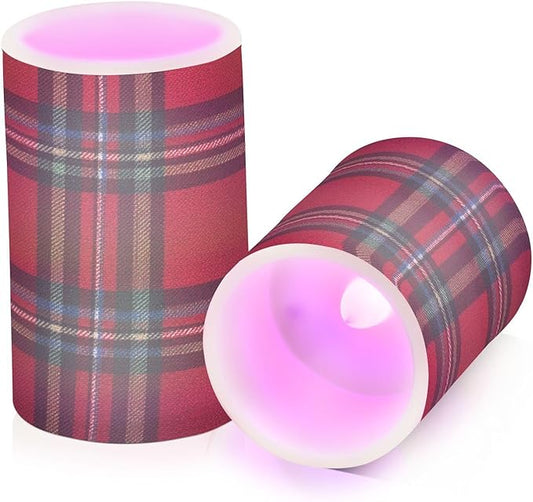 ALAZA Holiday Red Green Buffalo Tartan Plaid Flickering Flameless Candles Battery Operated with Remote Timer,Tea Light Candles LED Pillar Votive Candles Set of 2 for Outdoor Indoor Decorations