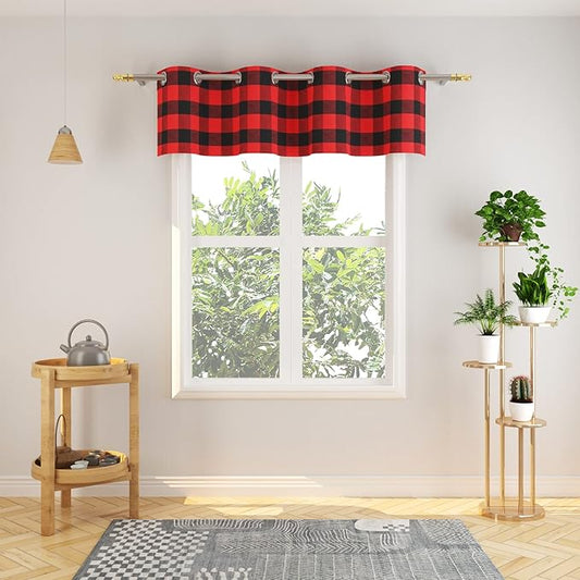 3 Pc Cotton Classic Country Farmhouse Kitchen Window Curtain Grommet Top -Red & Black Buffalo Check Tier & Valance Set, 54" x 18" / 32" x 30"
