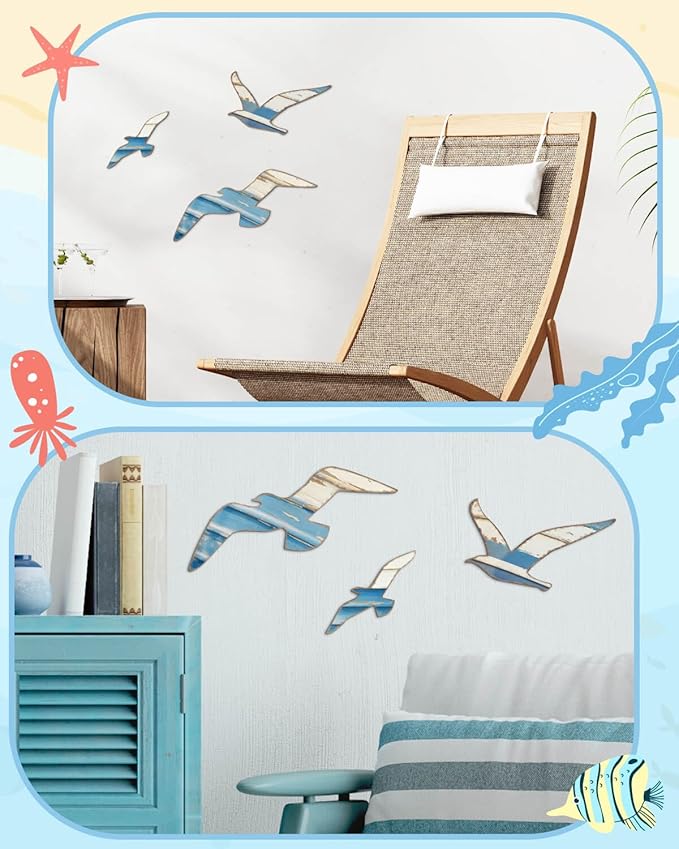 Putuo Decor 3pcs Wood Nautical Decor Seagull Wall Decor Nautical Coastal Theme Wall Art Adhesive Seagull Wall Sculpture Sea Birds Lake House Ocean Decoration Vintage Ornaments For Home Bathroom