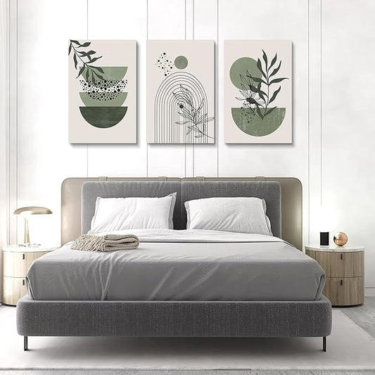 Sage Green Wall Posters & Prints, Green Boho Wall Art Set of 3, Minimalist Framed Wall Art Geometric Line Leaf Sun Moon Beige Green Canvas Artwork Paintings