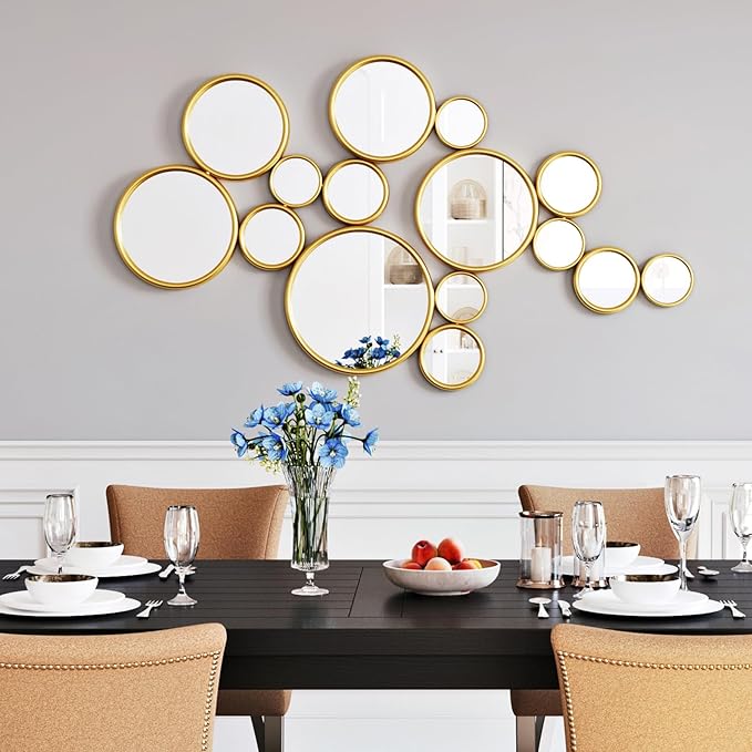 PERHOM Multiple Circles Wall Decor Mirror - 47"x24" Large Gold Wall Art Mirror,Thick Metal Framed Wall Sculptures Mirrors for Living Room, Entryway, Bedroom, Dining Room, Fireplace