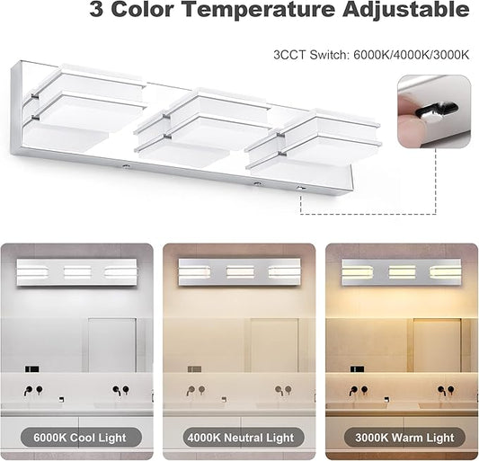 3 Color Temperature Dimmable Bathroom Light Fixtures over Mirror, LED Chrome 3 Light Vanity Lighting Fixtures, Acrylic Stainless Steel Square Shade Vanity Lights for Bathroom, ETL Certificated