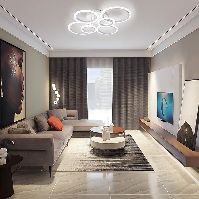 Modern LED Flush Mount Ceiling Light, 6 Rings White Close to Ceiling Light Fixtures, Living Room Lighting Fixture Ceiling Lamp for Kitchen, Bedroom, Laundry Room, 4000K Not Dimmable