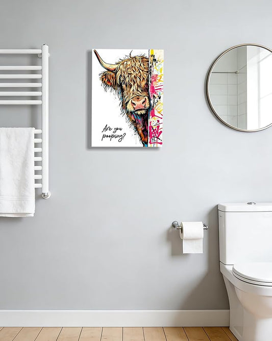 Funny Highland Cow Bathroom Wall Art, Are You Pooping? Graffiti Pop Art Canvas Print, 12x16 Inch Framed Humorous Farmhouse Bathroom Decor, Colorful Cow Picture for Washroom Toilet Powder Room