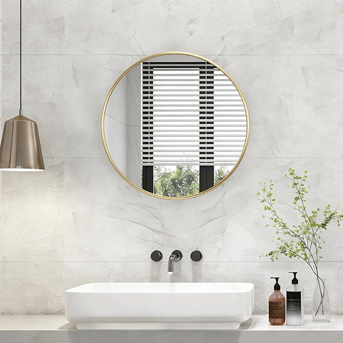 NEWBULIG 20 Inch Round Wall Mirror, Bathroom Mirror for Over Sink, Matte Metal Framed Circle Vanity Mirror, Wall Decor for Bedroom, Entryway, Anti-Rust, Tempered Glass, Hanging or Leaning, Gold