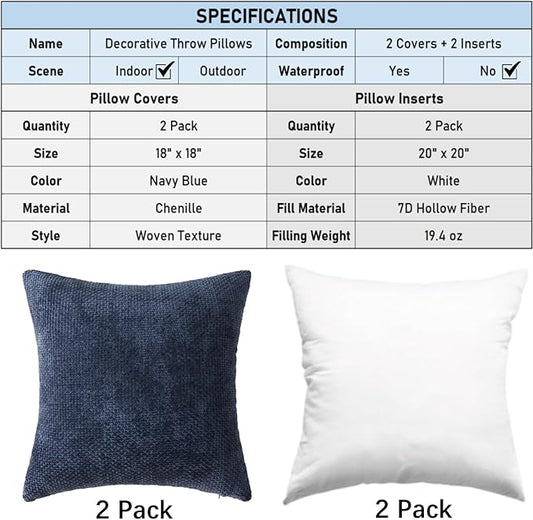 18" x 18" Decorative Throw Pillow with Inserts, Set of 2 Soft Modern Farmhouse Weave Pattern Throw Pillows, Square Boho Pillow for Couch, Bed, Sofa Decor (Navy Blue, 18" x 18"(Pack of 2))