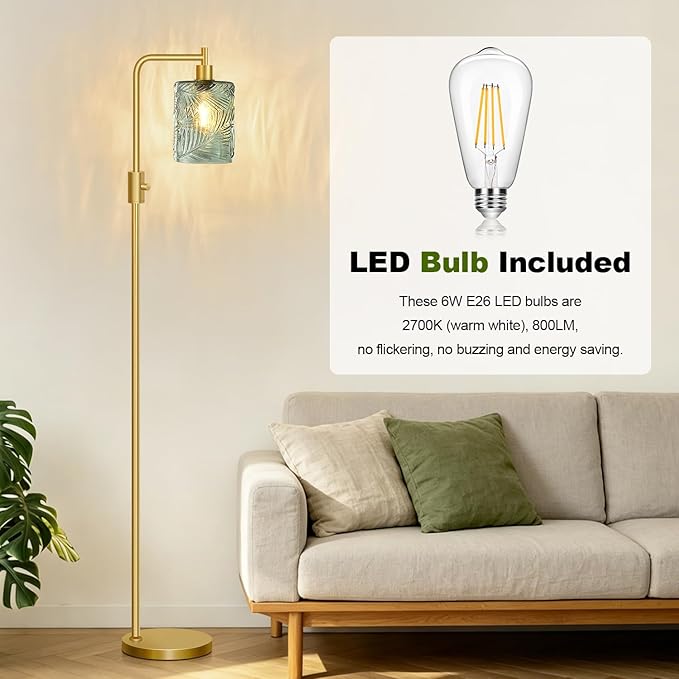 【Upgraded】 Dimmable Glass Floor Lamp for Living Room, Modern Gold Standing Lamp with Green Feather Glass Lampshade & Knob Dimmer, Arc Tall Lamp for Bedroom Office Reading Room, 2700K Led Bulb Included