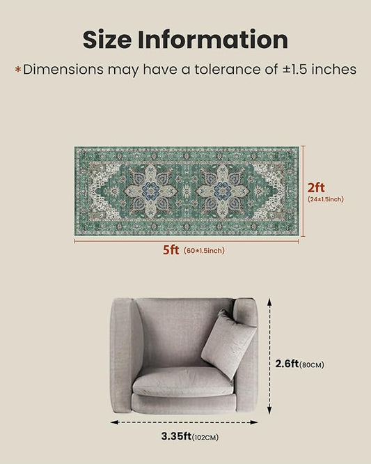 AMADA HOMEFURNISHING 2x5 Washable Runner Rug, Low-Profile Kitchen Rugs with Non-Slip Backing & Durable Edge Binding, Vintage Entryway Runner Rug for Bedroom & Hallway