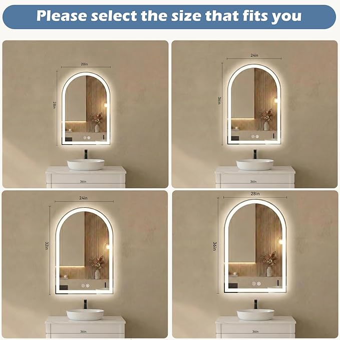 Sweetcrispy 20“×28” LED Bathroom Backlit Mirror with Lights, Arched Lighted Bathroom Vanity Mirror with Anti-Fog, Dimmable, 3-Color Light, Memory Function, Tempered Glass, Water-Proof Design