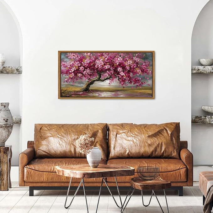 Pink Tree of Life Wall Art Framed Abstract Daisy Flower Picture for Living Room Colorful Plant Botanical Texture Canvas Prints Nature Painting Artwork Bathroom Bedroom Office Home Decoration 20x40