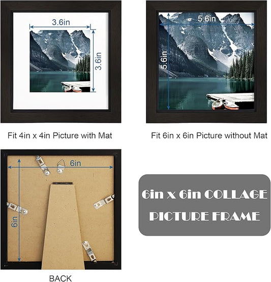 Hongkee 6x6 Black Picture Frames set of 3, Made of Wooden and Real Glass Square Photo frame - Displays 4x4 Picture With Mat or 6 x 6 Without Mat, Desktop & Wall Collage Frame set