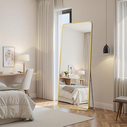 Suidia Full Length Mirror Over the Door&Wall Mounted, 48"x14" Door Mirror with Aluminum Alloy Frame, HD Shatterproof, No-Drill, Hanging Mirrors for Bedroom, Bathroom, Dorm, Closet, Rounded Rect, Gold