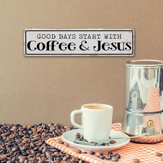 Coffee Signs for Coffees Station Decor, Good Days Start with Coffee & Jesus, Vintage Metal Tin Sign for Home Kitchen Garage Cafe Decor, Coffees Lover Gifts, Decorative Metal Wall Signs 15.8x4 Inches